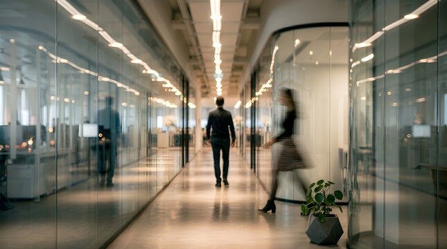 Professional colleagues walking through a modern glass office corridor hallway with motion blur