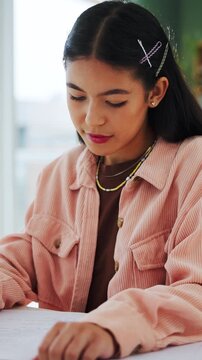 Study, task or university student in house with writing, exam prep or academic knowledge in assignment. Education, flare or woman with notes, revision session or assessment review for college thesis.