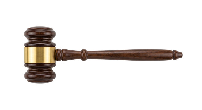 Wooden judge's gavel with brass band, symbol of justice and authority