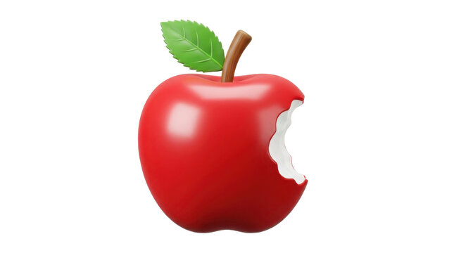 Fresh delicious red apple fruit with single green leaf and bite mark isolated on transparent background high quality render.