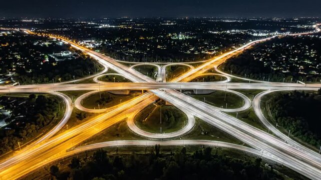Aerial view of a major cloverleaf highway interchange at night with traffic