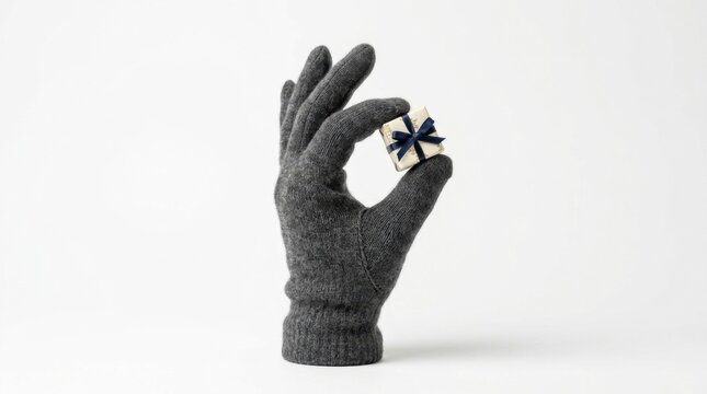 Gloved hand makes ok gesture holding small gift box with ribbon isolated.
