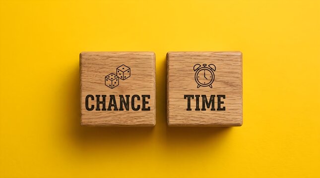 Wooden Blocks with Chance and Time Words and Icons on Yellow Background Representing Opportunity and Timing