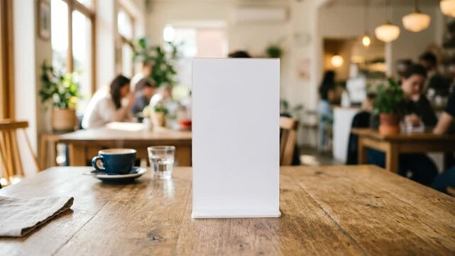 Blank table tent menu placeholder standing on a wooden caf&eacute; dining table