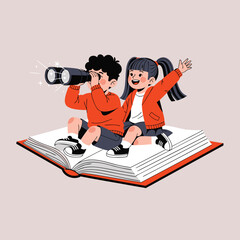 Vector illustration of a boy looking through binoculars and a waving girl sitting on a giant open book, educational concept, front view.