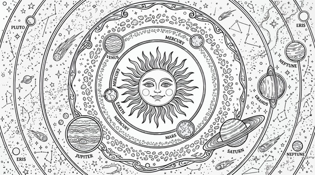 Black and White Coloring Page of a Detailed Diagram of the Solar System with Sun, Planets, Asteroids, and Constellations, Vector Illustration
