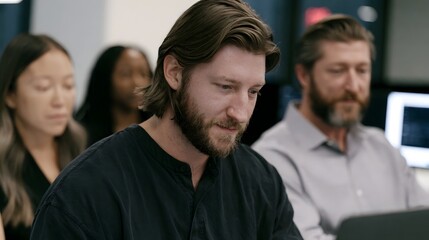 Fototapeta premium A man with a beard focused on work at a desk while others sit nearby in an office setting