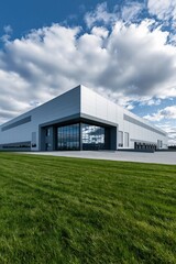 Fototapeta premium Modern white industrial warehouse exterior with glass entrance and expansive green lawn for commercial building background and corporate facility design