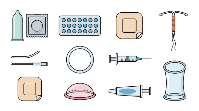 Vector contraception methods icons set with condoms, birth control pills, patch, IUD, implant, vaginal ring, injection, and diaphragm