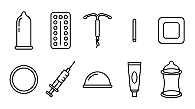 Set of outline vector icons representing various methods of birth control and contraception for safe family planning