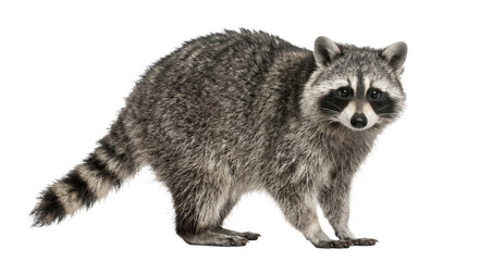 A curious raccoon with distinctive black mask and ringed tail stands on a white background © Sapphire