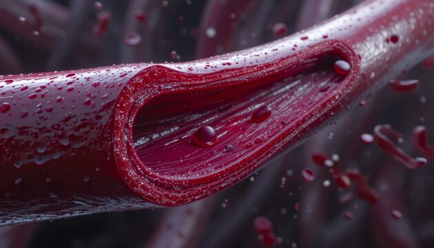 A detailed macro shot of a blood vessel, showcasing its internal structure with red blood cells and droplets, AI generated