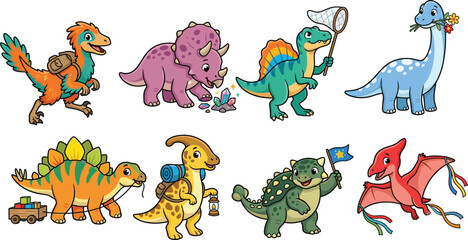PrintCute Cartoon Dinosaur Adventure Character Set with Fun Activities and Prehistoric Vector Illustration © Moyuri