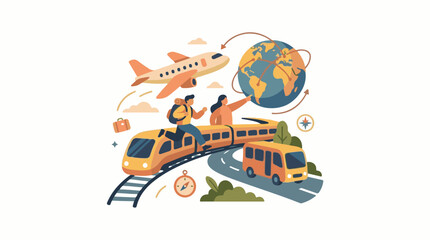 Fototapeta premium People traveling by plane train and bus around a globe