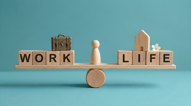 Work life balance concept on a wooden seesaw with wooden blocks and miniature figures
