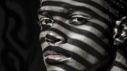 Obraz premium A face with strong features highlighted by striped shadows, AI generated