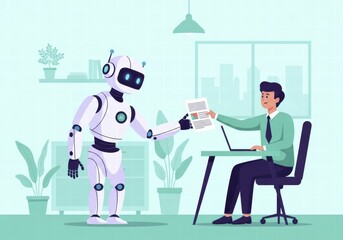 Fototapeta premium A humanoid robot with AI emblem on chest gives a paper to a smiling man sitting at a desk with a laptop, symbolizing collaboration and automation in the workplace, AI generated