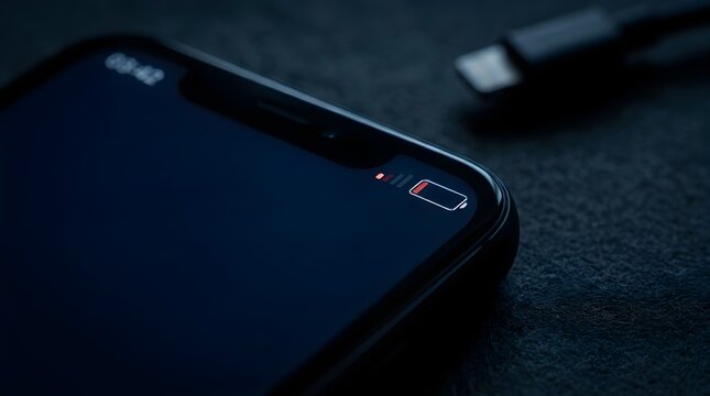Smartphone with low red battery icon indicator on screen next to charging cable, low power concept