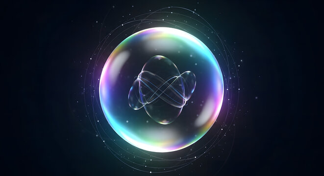 Futuristic Glowing Energy Sphere with Abstract Light Loops and Particle Effects on a Dark Background Concept