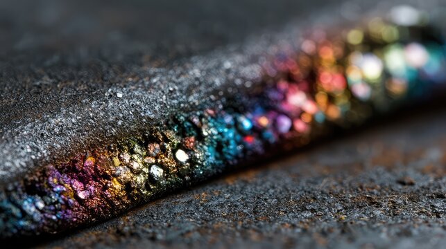 Macro TIG weld on stainless steel. Rainbow heat tint on industrial metal seam.