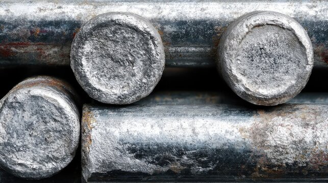Galvanized steel bars with white rust. Metal rods showing oxidation and storage defects.