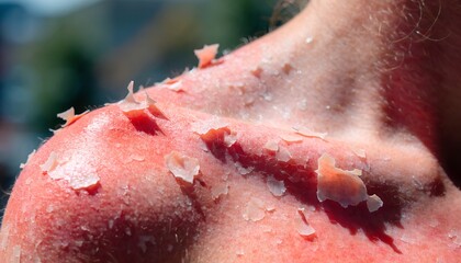 Fototapeta premium Severe Sunburn With Peeling Skin On A Human Shoulder Under Bright Natural Sunlight Close Up View