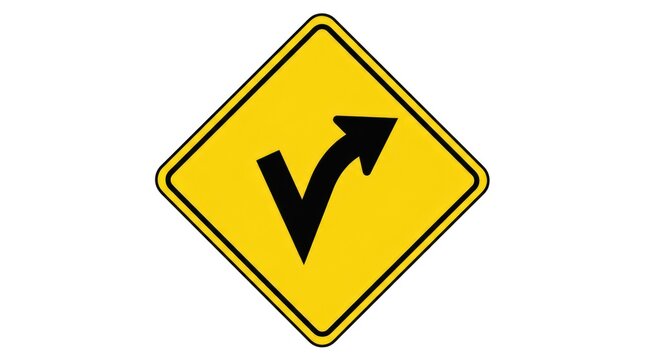 Single sharp curve warning sign. Yellow road traffic symbol indicating a winding path.