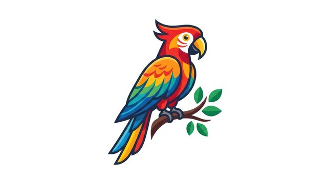 Colorful parrot icon on a branch. Tropical macaw bird illustration for graphic design.