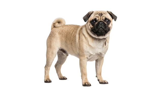 A fawn pug stands attentively on a white background, looking directly at the camera