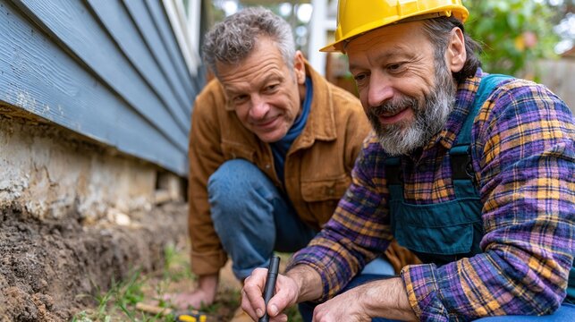 Building engineer inspecting residential foundation with property owner in suburban yard