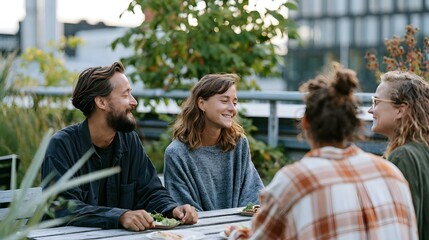 Naklejka premium Four people enjoying a meal together outdoors on a rooftop surrounded by greenery and natural light
