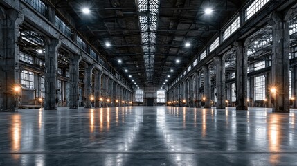 Obraz premium Empty industrial warehouse interior. Large abandoned factory hall with concrete floor.