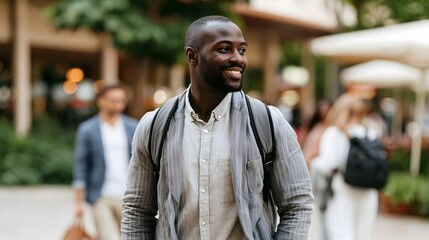 Naklejka premium A smiling man with a backpack walks through an outdoor urban area surrounded by greenery and blurred pedestrians