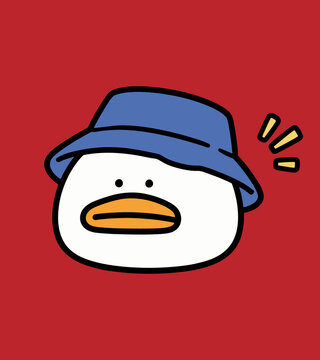 Cartoon Duck Character Wearing Blue Bucket Hat