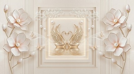 Naklejka premium Luxury Golden Swans and Cream Panel 3D Wall Art Background