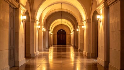 Obraz premium Wide perspective of arched hallway with glowing lights.