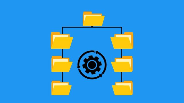 Automation document management&nbsp;system concept featuring&nbsp;gear icon and&nbsp;folder&nbsp;tree. Organized file&nbsp;structure for efficient&nbsp;workflow and digital&nbsp;information management.