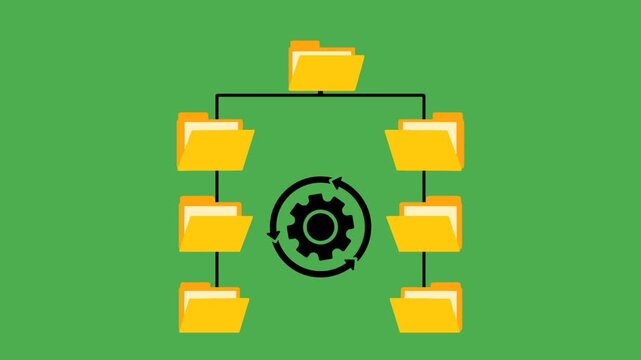 Automation document management&nbsp;system concept featuring&nbsp;gear icon and&nbsp;folder&nbsp;tree. Organized file&nbsp;structure for efficient&nbsp;workflow and digital&nbsp;information management.