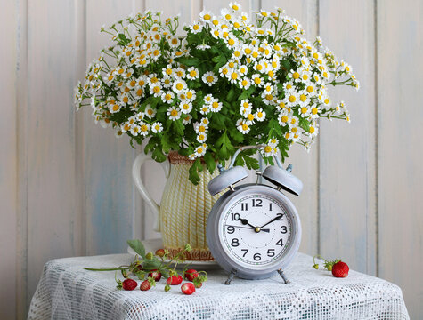 Chamomile bouquet in a ceramic pitcher stands next to a vintage alarm clock on a lace tablecloth. Still life decoration