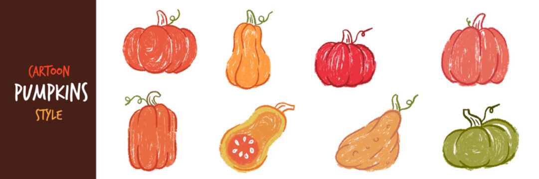 Cute hand drawn autumn pumpkins and squash vector collection in crayon textured pencil style for Halloween and Thanksgiving design.