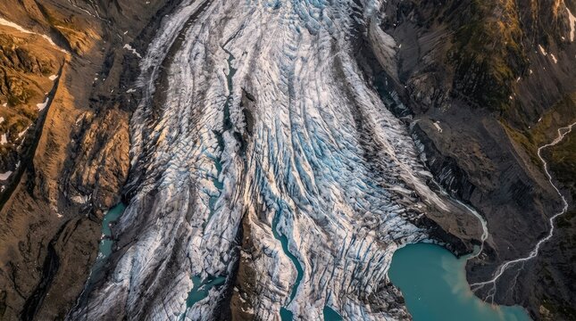Glacier aerial view icy river flowing through textured glacial landscape warm light mountains.
