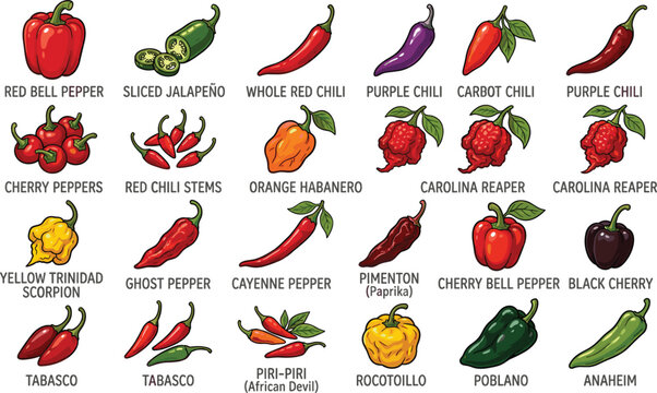 Chili pepper variety set with habanero jalape&ntilde;o cayenne paprika tabasco carolina reaper ghost pepper pimiento vector illustration