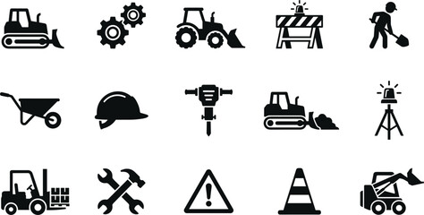 Construction machinery icon set with bulldozer forklift tractor wheelbarrow helmet tools hazard cone vector black silhouettes © MSTJAKIA