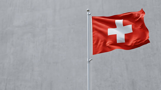 Switzerland flag and Swiss flag as a national symbol on a flagpole waving flag for independence day celebrations against a gray wall background