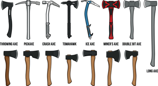 Set of various realistic axes hatchets tomahawks pickaxes and ice tools vector illustration isolated on white background (17 words)
