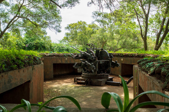 Military Anti Aircraft Gun in Fortified Concrete Bunker Pit on Kinmen Island Taiwan