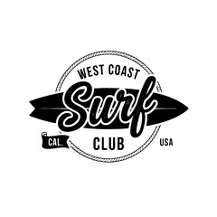 Obraz premium West coast surf club vintage badge emblem with surfboard graphic surfboard california typography adventure isolated branding coastline lifestyle waterfront maritime nautical
