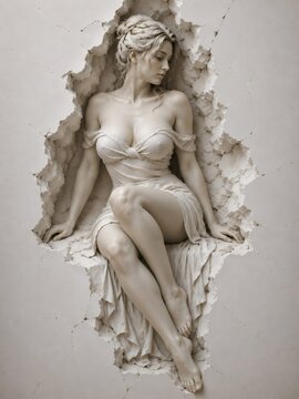 Stone woman sculpture emerging from cracked wall
