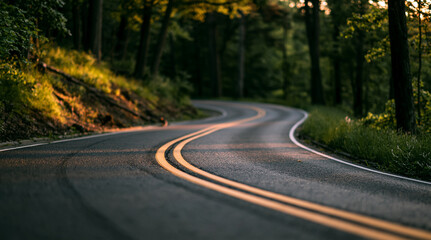Naklejka premium A winding asphalt road through a dense green forest at sunset. Travel and journey background.