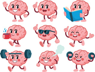 Cute brain mascot collection, healthy lifestyle education characters isolated cartoon vector illustration design set icons